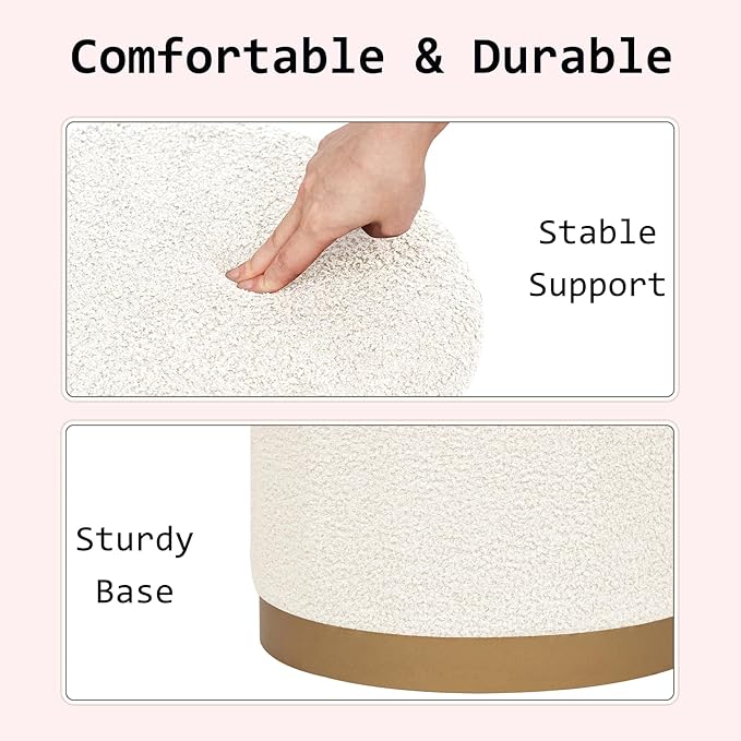 Round Storage Ottoman with Reversible Tray Top, 16.3" Boucle Ottoman Footrest Stool with Metal Base, Upholstered Vanity Stool with Storage for Living Room Bedroom, White