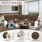 Recliner Sofa Covers 100% Waterproof Velvet L Shape Recliner Couch Covers for Dogs Pets Washable Anti Slip Recliner Slipcovers with Pockets (5 Seat Sofa with 2 Console, Brown)