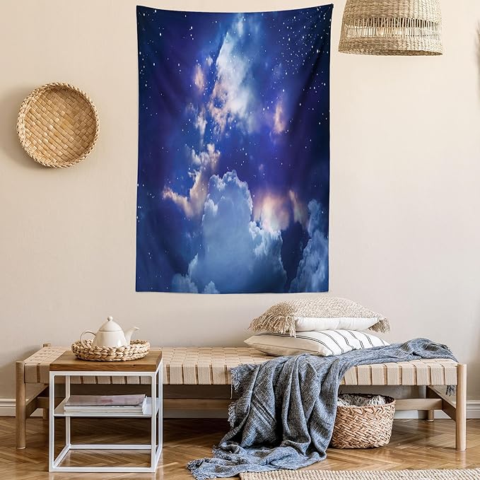 Ambesonne Space Tapestry, Magic Sky View with Star and Clouds Celestial Colorful World Cosmic Expanse Theme, Fabric Wall Hanging Decor for Bedroom Living Room Dorm, 23" X 28", White and Blue