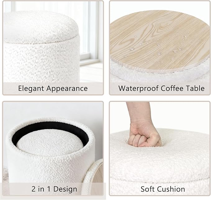 CAROLMADE Set of 2 Round Ottoman with Storage, Upholstered Vanity Stool Support 330lbs Multifunctional Coffee Table Ottoman Boucle Foot Rest Stool or Living Room Bedroom Dorm (White)
