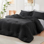 HYMOKEGE Black/Light Grey Queen Comforter Set Seersucker 7 Pieces, All Season Luxury Bed in a Bag Queen for Bedroom, Bedding Set with Comforter, Sheets, Pillowcases & Shams