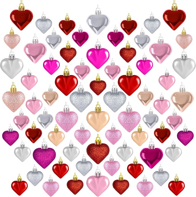 72 Pack Valentine Day Heart Shaped Ornaments Romantic Various Styles Heart Hanging Baubles Colorful Romantic Glossy Hearts Valentine's Day Decor for Party Anniversary Crafts Party Favors