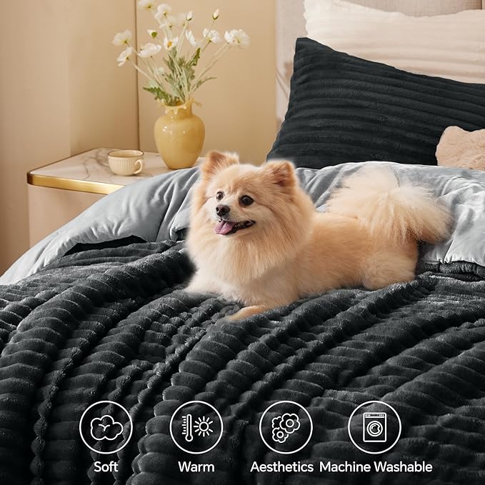 BEDELITE Fleece Oversized Queen Comforter Set -Super Soft & Warm Fluffy Black Bedding, Luxury Fuzzy Heavy Bed Set for Winter with 2 Pillow Cases