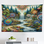 Ambesonne Trippy Tapestry, Scenic Waterfall with Wonderland Woods and Psychedelic Mandala Flowers, Fabric Wall Hanging Decor for Bedroom Living Room Dorm, 45" X 30", Olive Green Multicolor