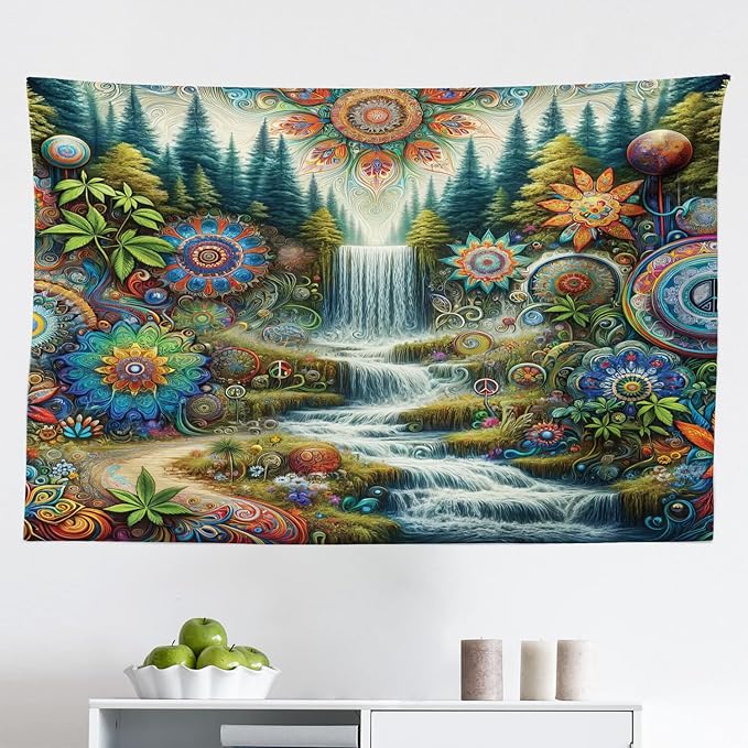 Ambesonne Trippy Tapestry, Scenic Waterfall with Wonderland Woods and Psychedelic Mandala Flowers, Fabric Wall Hanging Decor for Bedroom Living Room Dorm, 45" X 30", Olive Green Multicolor