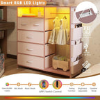 Dresser for Bedroom with Clothes Rack Side Pockets 5 Drawer Dresser with Charging Station LED Lights Black Storage Chest of Drawers for Hallway Closet Sturdy Steel Frame Wood Top (Pink)
