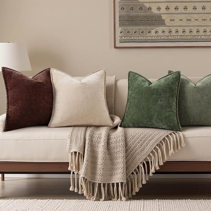 decorUhome Spring Chenille Soft Cozy Throw Pillow Covers 16x16 Set of 2, Modern Farmhouse Boho Velvet Decorative Pillow Cases with Stitched Edge for Couch Sofa Bed Home Decor, Chocolate