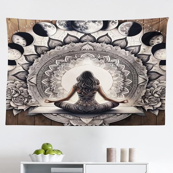 Ambesonne Mandala Tapestry, Meditating Lady with Ethnic Florals and Lunar Phases Frame Rustic, Fabric Wall Hanging Decor for Bedroom Living Room Dorm, 45" X 30", Cocoa Charcoal Grey White
