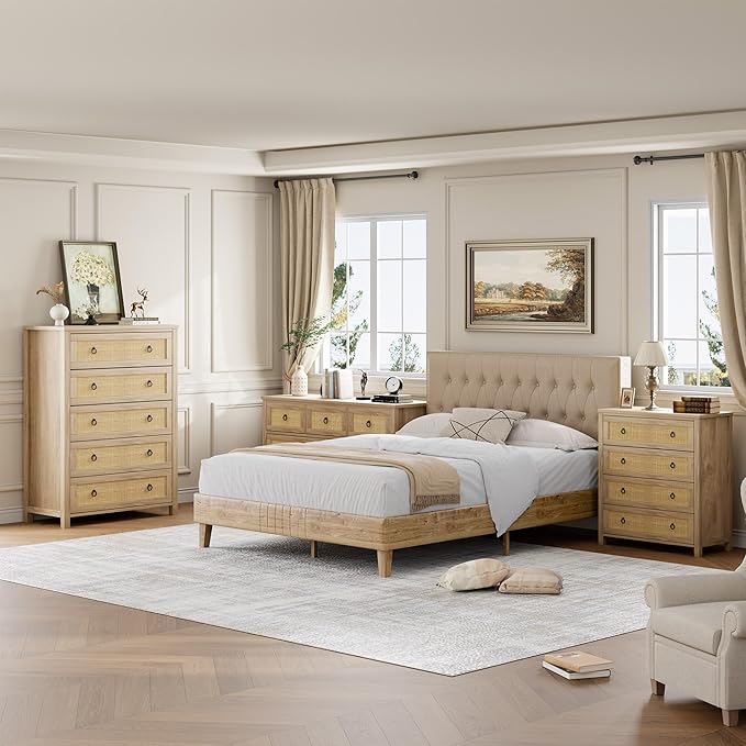 IDEALHOUSE Rattan Dresser for Bedroom with 5 Drawers, 45'' Tall Chest of Large Drawers with Large Clothes Storage Cabinet, Wood Bedroom Dresser, TV Stand for Nursery, Living Room, Enterway