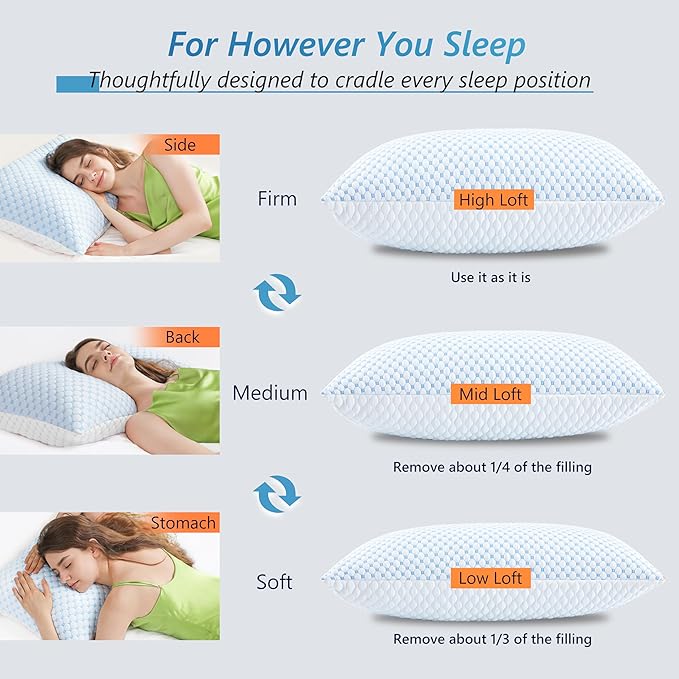 Cooling Firm Bed Pillows Set of 2, Shredded Memory Foam Pillows for Sleeping Luxury Gel Pillows for Side Back Stomach Sleepers with Removable Washable Cover(Blue, King(U.S. Standard))