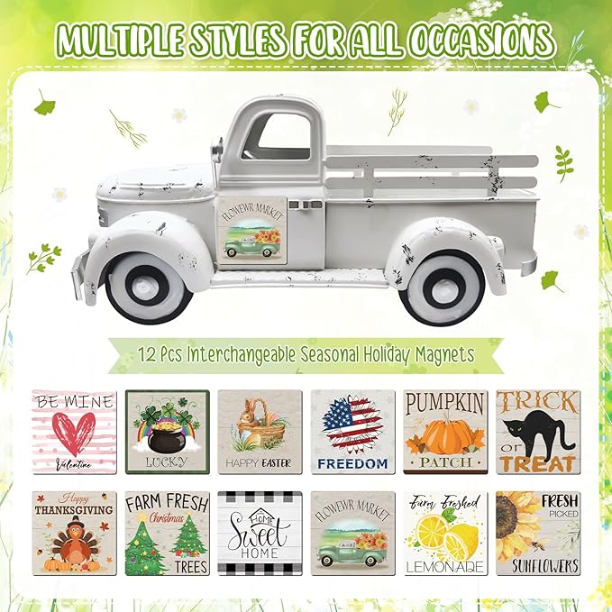 Sunflower Decor 13.4 Inch Vintage White Farmhouse Truck with 12 Magnets Sunflower Kitchen Spring Decorations for Home Shelf Office Metal Pickup Interchangeable Seasonal Decor Garden Truck Planter