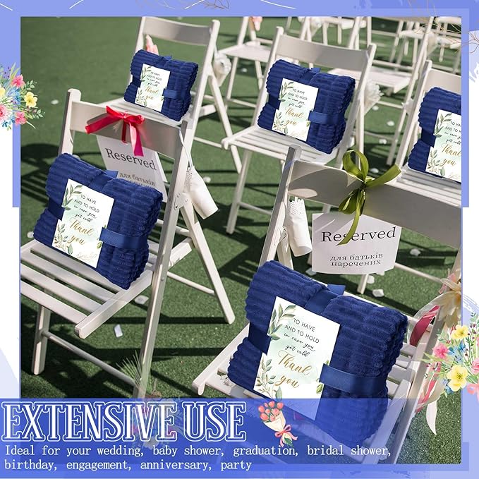 Buryeah 12 Pcs Wedding Flannel Fleece Throw Blanket Bulk with Thank You Card and Ribbon, 50 x 60 in Oeko-TEX Standard 100 Certified Blankets Outdoor Wedding, Guest Party Souvenirs (Navy)