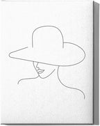 Elegant Woman in Hat Wrapped Canvas Wall Art Minimalist Feminine Profile 12x16 Inch Gallery Stretched Modern Asian Fashion Home Art Decor