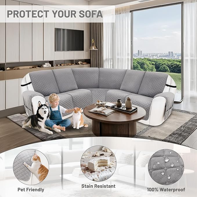 Reclining Sectional Couch Covers 100% Waterproof Recliner Cover Washable Velvet L Shape Recliner Couch Covers for Dogs Anti Slip Recliner Slipcovers with Pockets (5 Seat Sofa, Silver Gray)