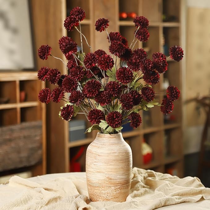 DuHouse 6pcs Artificial Flowers Faux Silk Pompon Mum,Silk Small Mini Chrysanthemum Ball with Stems for DIY Wedding Bouquets Centerpieces Vase Home Table Kitchen Decorations(Burgundy)