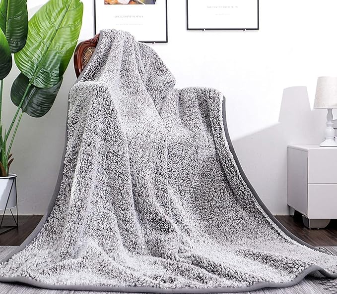 EMME Soft Sherpa Fleece Blanket Reversible Plush Fluffy Large Blanket, Light Weight Warm Decorative Boho Blanket Cover for Sofa, Couch, Bedroom,Travel(Plush Grey,90"x90")