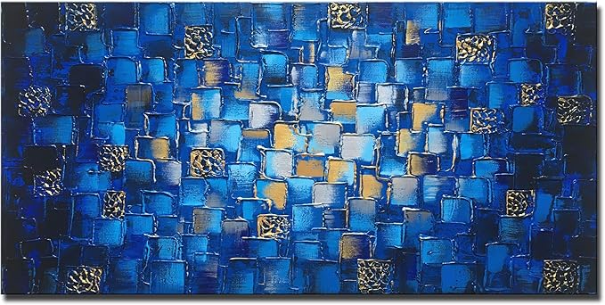MyArton Large Thick Abstract Dark Blue add Golden&Silver Square Wall Art Hand Painted Artwork Textured Oil Painting on Canvas Framed Ready to Hang 60x30inch