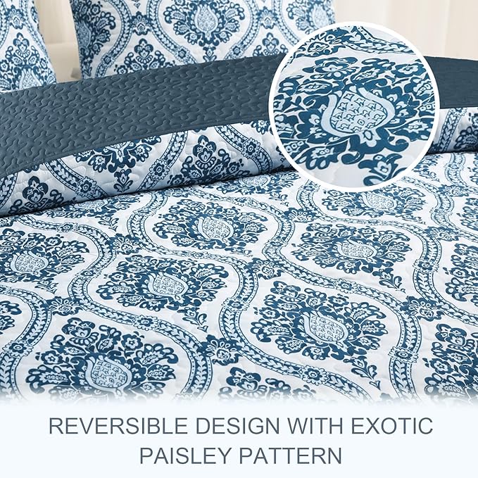 Exclusivo Mezcla Reversible Boho Quilts Queen Size, Blue Bedspreads Lightweight Coverlet All Season Damask Quilt Bedding Set with Printed Floral Pattern (1 Quilt, 2 Pillow Shams)