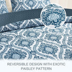 Exclusivo Mezcla Reversible Boho Quilts King Size, Blue Bedspreads Lightweight Coverlet All Season Damask Quilt Bedding Set with Printed Floral Pattern (1 Quilt, 2 Pillow Shams)