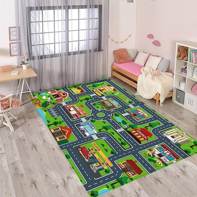 Kids Car Playmat, Kids Rug for Playroom Car Mat Town City Road Traffic Rugs, Play Mat for Floor, Extra Large Boys Kid Car Track Play Rug (Style Four, 59X 39.4 INCH)