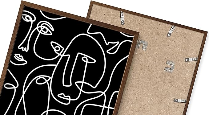 Abstract Face Pattern Wall Art Black Background White Continuous Line Drawing 16x20 Inch Oak Wood Walnut Framed Modern Diverse Portrait for Living Room Decor