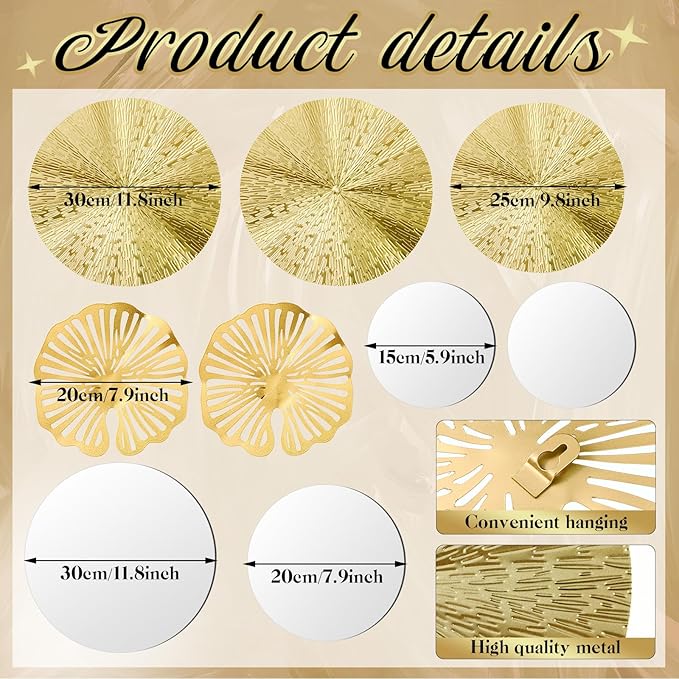 Hicarer 9 Pcs Circle Mirrors Metal Home Decor Wall Decorative Modern Round Accent Wall Art Sculpture Hanging Decorations for Living Room Office Bedroom Kitchen(Gold)