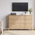 LINSY Fluted 6 Drawer Dresser for Bedroom, 54" Wide Mid-Century Modern Tall Chest of Drawers, Deep Storage Dresser with Curved Corner Design, Large Accent Wood Cabinet for Bedroom, Oak