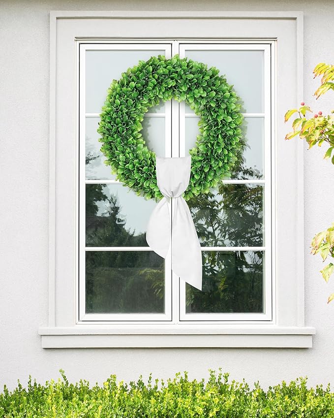 Vlorart 24 Inch Faux Round Boxwood Wreath, Weatherproof Front Door Large Wreaths Artificial Spring Summer Greenery Wreath with Sash for Farmhouse Wedding Year Round Indoor and Outdoor