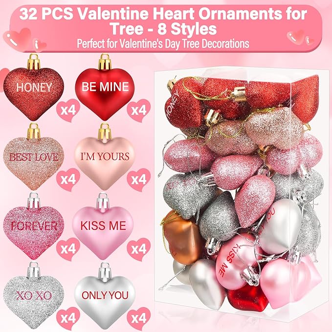 32PCS Valentines Tree Decorations Heart Ornaments, 8 Styles Valentines Day Heart Shaped Ornaments with Sweet Love Words Heart Baubles for Romantic Valentines Tree Decor Wedding Anniversary Decor