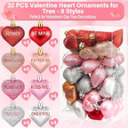 32PCS Valentines Tree Decorations Heart Ornaments, 8 Styles Valentines Day Heart Shaped Ornaments with Sweet Love Words Heart Baubles for Romantic Valentines Tree Decor Wedding Anniversary Decor
