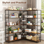 L Shaped Corner Bookshelf, 5 Tier Industrial Corner Shelf, Modenr Open Tall Bookcase with Curved Panel, Storage Display Shelf for Bedroom, Living Room & Home Office, Vintag