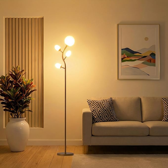 Fiqevs 4 Globe Floor Lamp with 2700K Warm Light LED Bulbs Included, Mid Century Modern Tree Standing Lamp with Frosted Glass Shade, Arc Torch Tall Lamp for Living Room, Bedroom, Office, Antique Brass