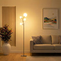 Fiqevs 4 Globe Floor Lamp with 2700K Warm Light LED Bulbs Included, Mid Century Modern Tree Standing Lamp with Frosted Glass Shade, Arc Torch Tall Lamp for Living Room, Bedroom, Office, Antique Brass