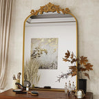 VooBang Vintage Arched Bathroom Mirror, 24x36 Inch Retro Wall Mounted Vanity Mirror with Carved Pattern Top and Metal Frame, Gold Decorative Mirror for Hanging or Leaning