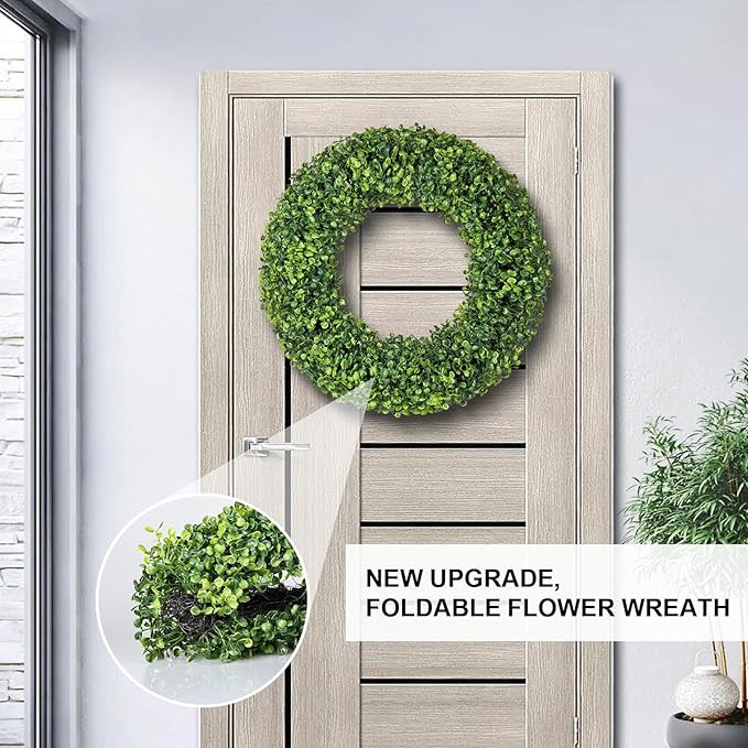 Wreaths, 20" Wreath, Boxwood Wreaths for Front Door, for Spring, Summer, Fall or Winter Wreath,Used for Farmhouse, Room Indoors,Outdoors, corridors, Offices. (Green)