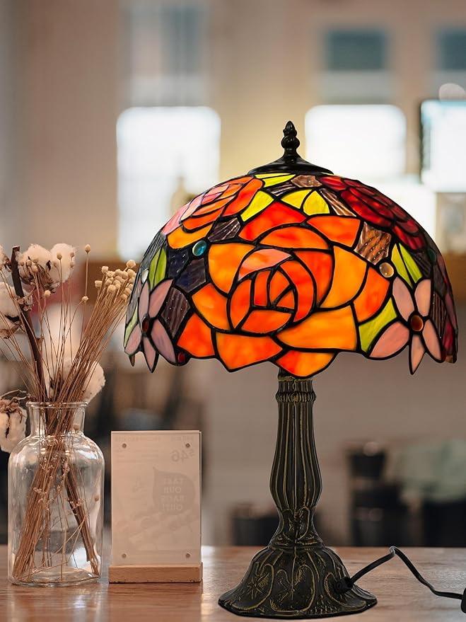 KY&BOSAM Tiffany Style Table Lamp Stained Glass Red Rose Desk Lamp Lights 19 Inch Tall Glass 12 Inch Wide Shade Beside Lamp1 Bulb Antique Zinc Base for Home Living Room Bedroom Kitchen Table Top Décor