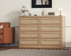 47 Inch Rattan 8 Drawer Dresser, Modern Farmhouse Chest of Drawers, Tv Stand Dresser Accent Furniture for Living Room, Bedroom, Entryway