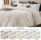 Bedsure Fluffy Duvet Cover Set - Ultra Soft Plush Shaggy Comforter Cover Queen Size, Warm Flannel Fleece Bed Sets for Winter, 3 Pieces (Striped Pattern, Linen)