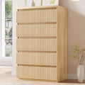 Fluted 5 Drawer Dresser, 43" Tall Dresser Chest of Drawers Curved Profile Design, Wood Mid Century Vertical Dresser Natural Texture for Bedroom, Oak Dresser