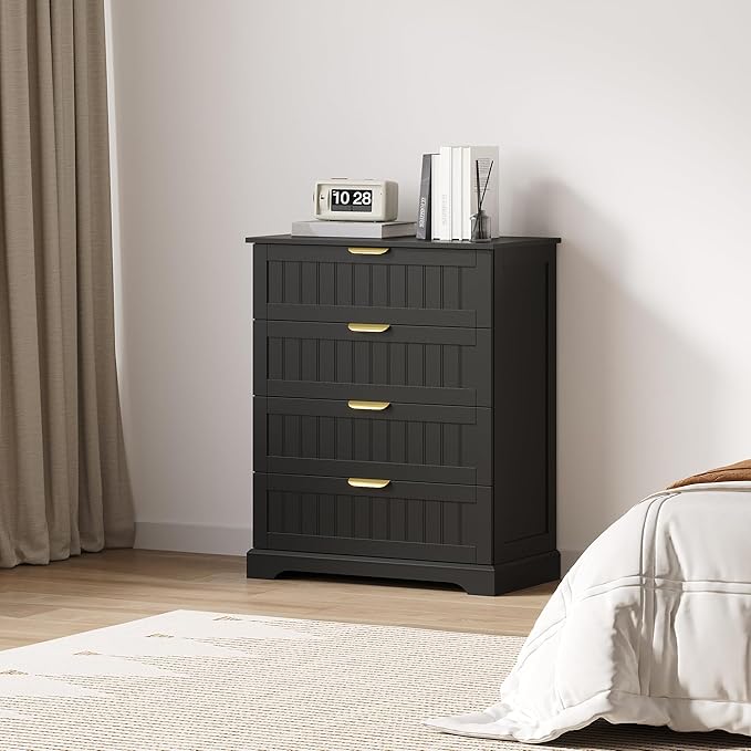 4 Wooden Drawer Dresser for Bedroom Storage, Modern Farmhouse Wood Chest of Drawers with Metal Handles, Wide Storage, Cabinet for Closet, Living Room, or Entryway Black