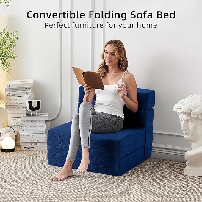 FILUXE Convertible Folding Sofa Bed - Sleeper Chair with Pillow, Modern Linen Fabric Floor & Futon Couch, Foldable Mattress for Living Room/Dorm/Guest Use/Home Office/Apartment, Single Size, Navy Blue