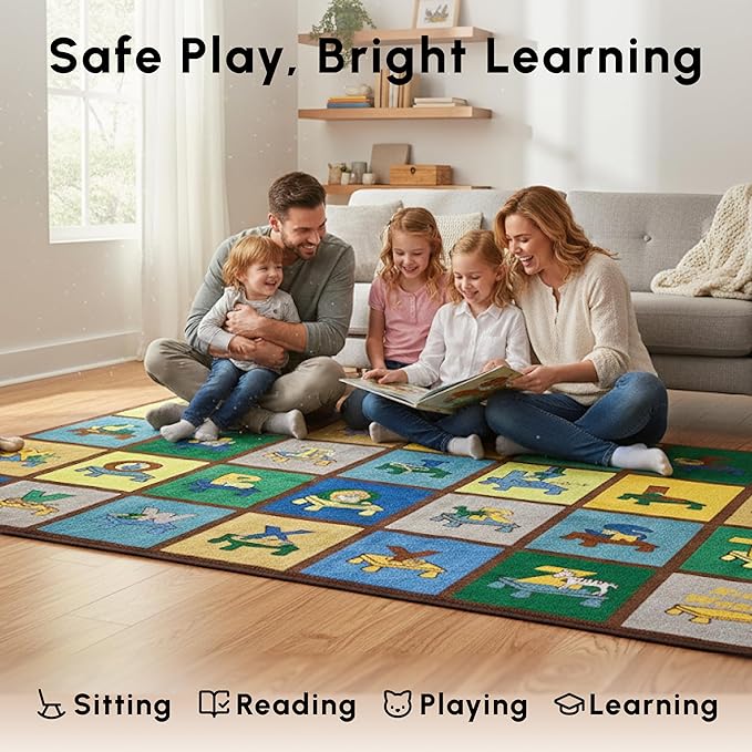 SAFECASTLE My ABC Place Earth Tone Alphabet Rug for Kids, 6'6" x 8'4", Educational Classroom Kids Carpet with Letters & Animals, Preschool Learning Area Rug for Daycare, Homeschool & Playroom