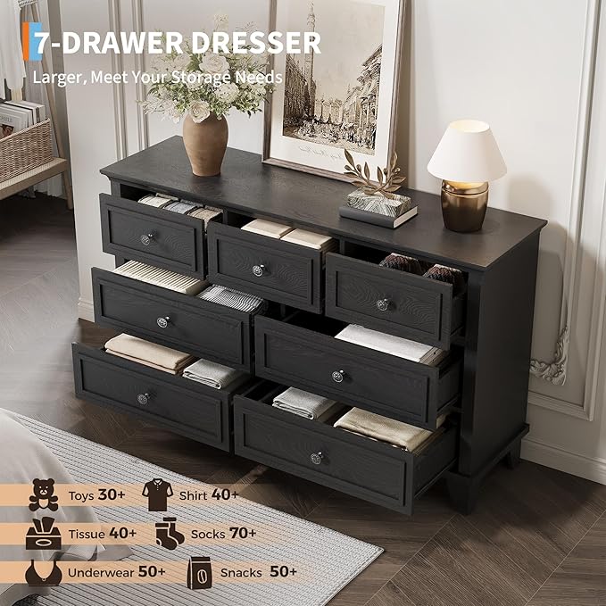 GarveeHome Black Dresser for Bedroom, 7 Drawer Dresser, Wooden Chest of Drawers with Deep Drawers, 47 in Long Dressers TV Stand, Modern Dressers Organizer with Vintage Handle for Living Room, Hallway