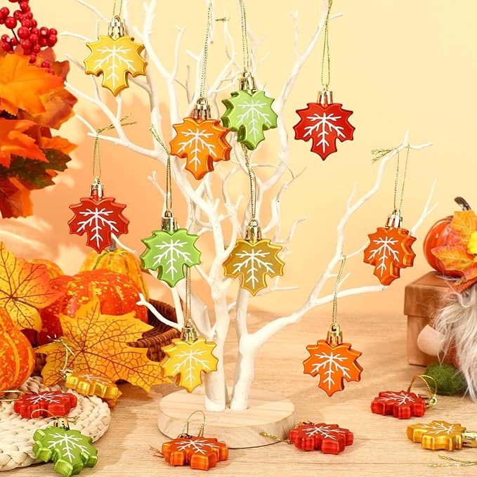 JULMELON 24PCS Fall Leaf Ornament for Tree, Thanksgiving Maple Leaves Hanging Ornaments with Rope Maple Pendant for Farmhouse Rustic Party Favors Craft Supplies Decor