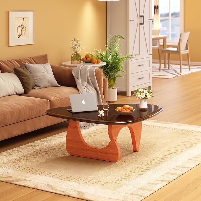Coffee Table for Living Room Mid Century Modern Center Small Table with Glass Top and Wood, Walnut Brown