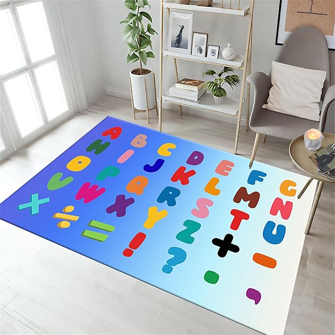 Kids Area Rug English Characters ABC and Math Symbols Learning Carpets, Cute Cartoon Colored Washable Foldable Door Mat in Predominantly Blue Colors Ideal for Living Dining Room Bedside, 4x6ft