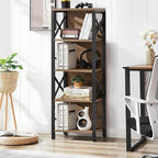 Small Bookshelf,5 Tier Industrial Bookshelf with Metal Frame and Backboard,Narrow Rustic Brown Book Shelf,Book case for Small Spaces,Living Room,Bedroom and Home Office