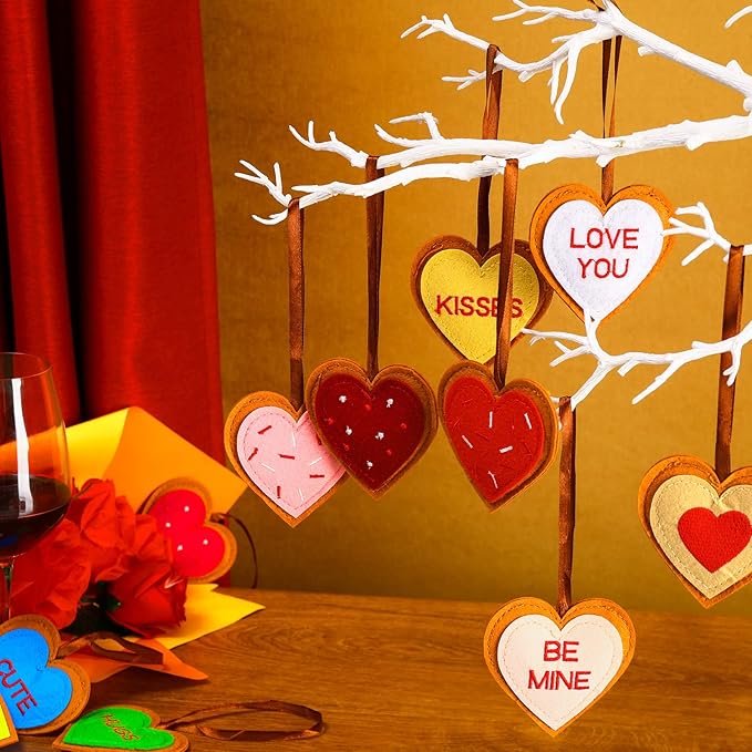 Tatuo 24 Pcs Valentines Felt Heart Ornaments for Tree Decorations Felt Conversation Heart Ornaments Colorful Hanging Valentines Day Tree Decor for Home Decor Party Decoration DIY Crafts