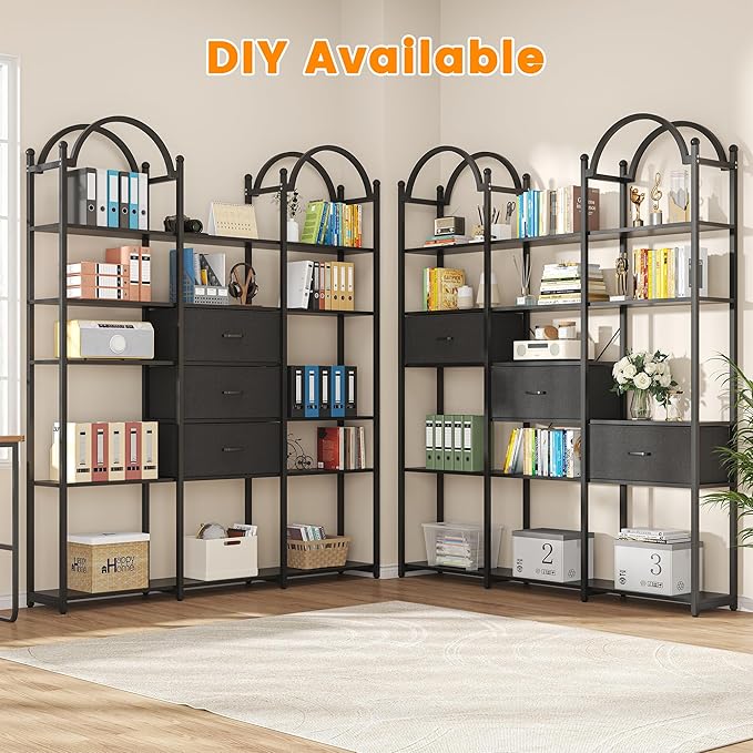 Semoic 83.5" Tall Arched Bookshelf, Triple Wide 6-Tier Large Open Book Shelf with 3 Drawers Storage, Etagere Bookcase with Display Shelf, Industrial Bookshelf with Metal Frame for Living Room, Black