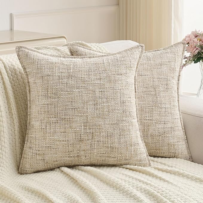 FUTEI Beige Decorative Throw Pillow Covers 26x26 Inch Set of 2,Soft Chenille Tweed Textured Euro Pillow Shams,Modern Home Decor for Couch Bed Living Room